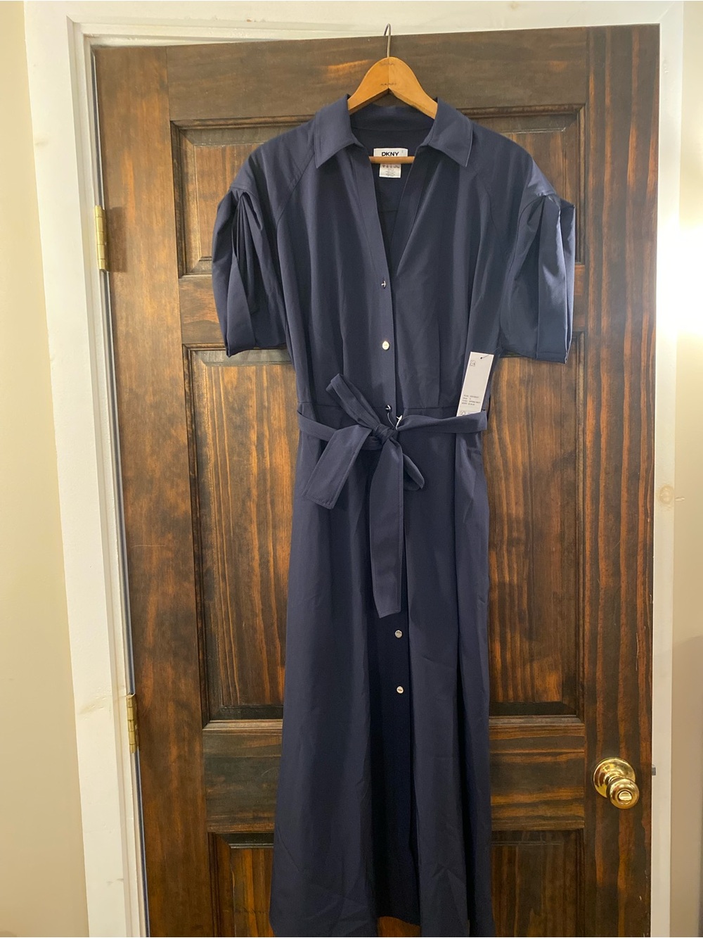 DKNY Navy Button-Front Maxi Shirt Dress with Tie Waist